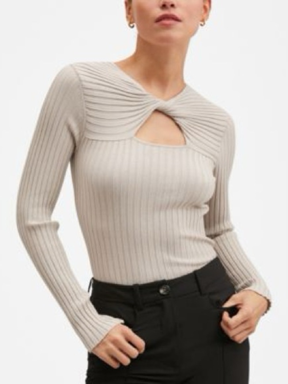 Mango Cream Ribbed Twist Keyhole Long Sleeve Top Size S Shell Viscose
